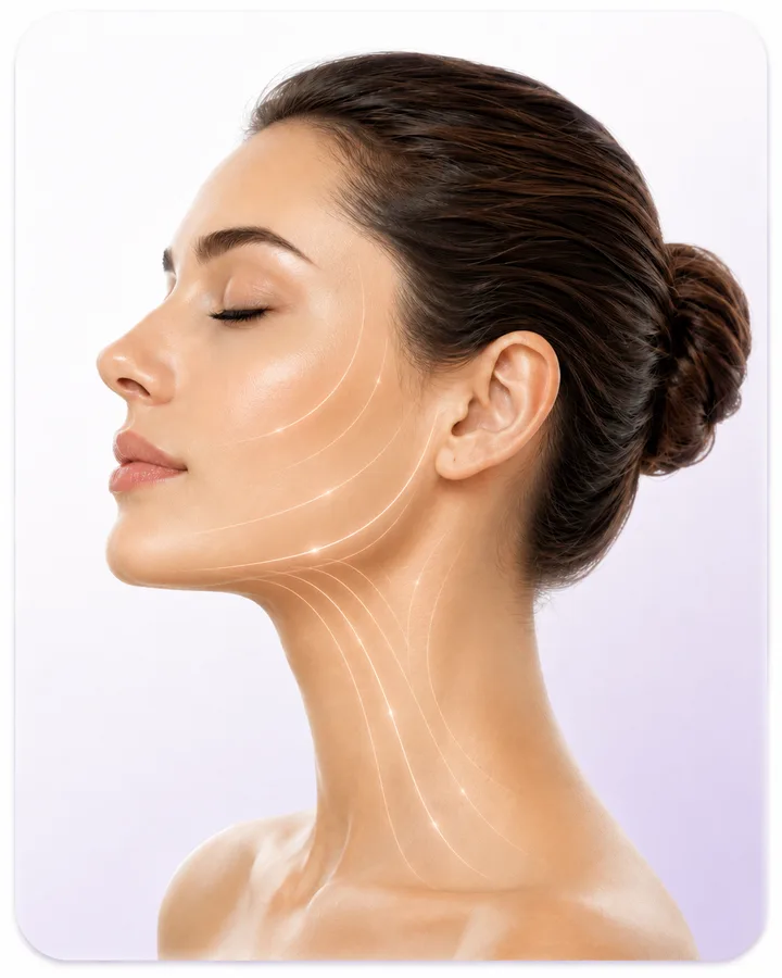 Sculpted, de-puffed facial contour after lymphatic drainage
