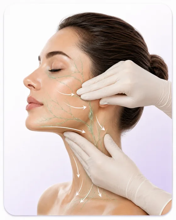 Gentle directional lymphatic drainage strokes toward the neck
