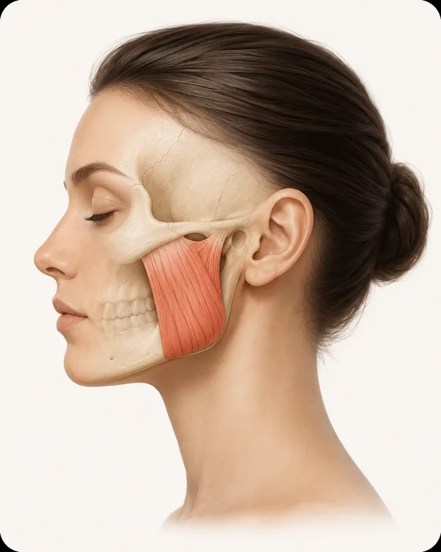 Anatomy of the masseter muscle along the jaw, shown on the side of the face