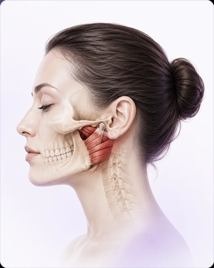 The deep pterygoid muscles connecting the skull to the jaw