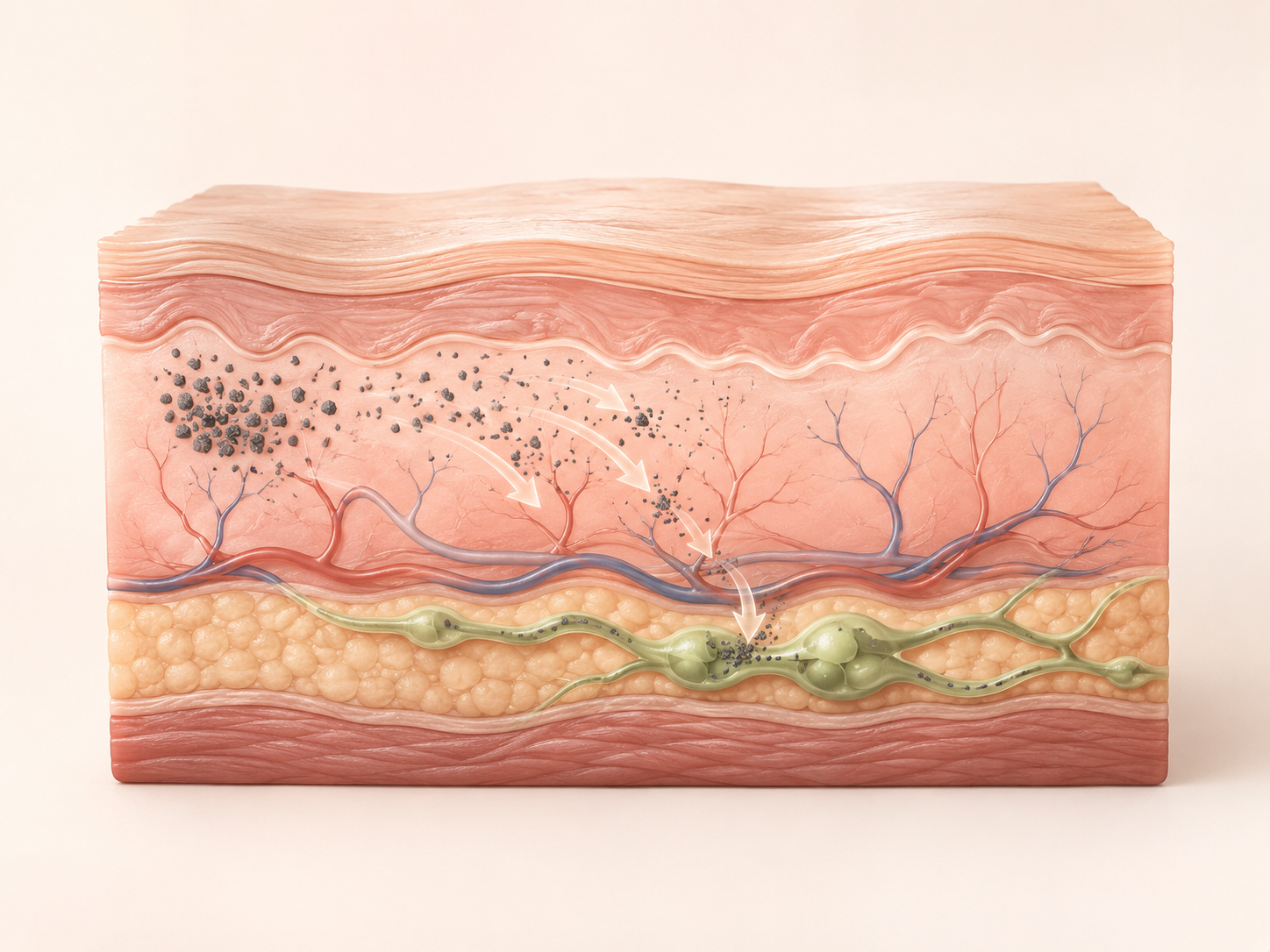 Shattered tattoo ink fragments carried away naturally by the body's lymphatic system