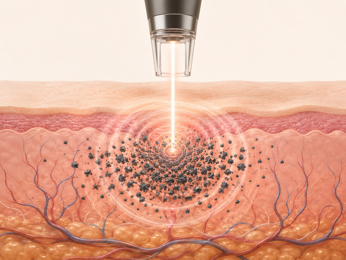 755nm picosecond laser pulse creating a pressure wave that shatters tattoo ink particles
