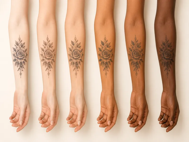 The same delicate tattoo shown on six forearms from very fair to deeply pigmented skin, illustrating how PicoSure treatment is tailored across Fitzpatrick skin types I to VI, with patch testing and conservative settings on deeper tones