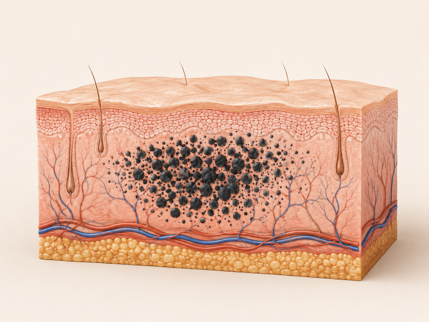 Cross-section of skin showing tattoo ink particles trapped deep in the dermis before treatment