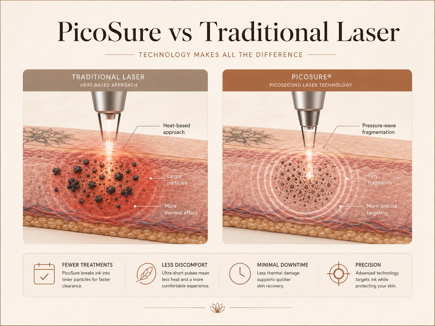 PicoSure picosecond laser versus traditional heat-based laser: pressure-wave fragmentation breaks ink into tiny particles with less thermal effect and more precise targeting